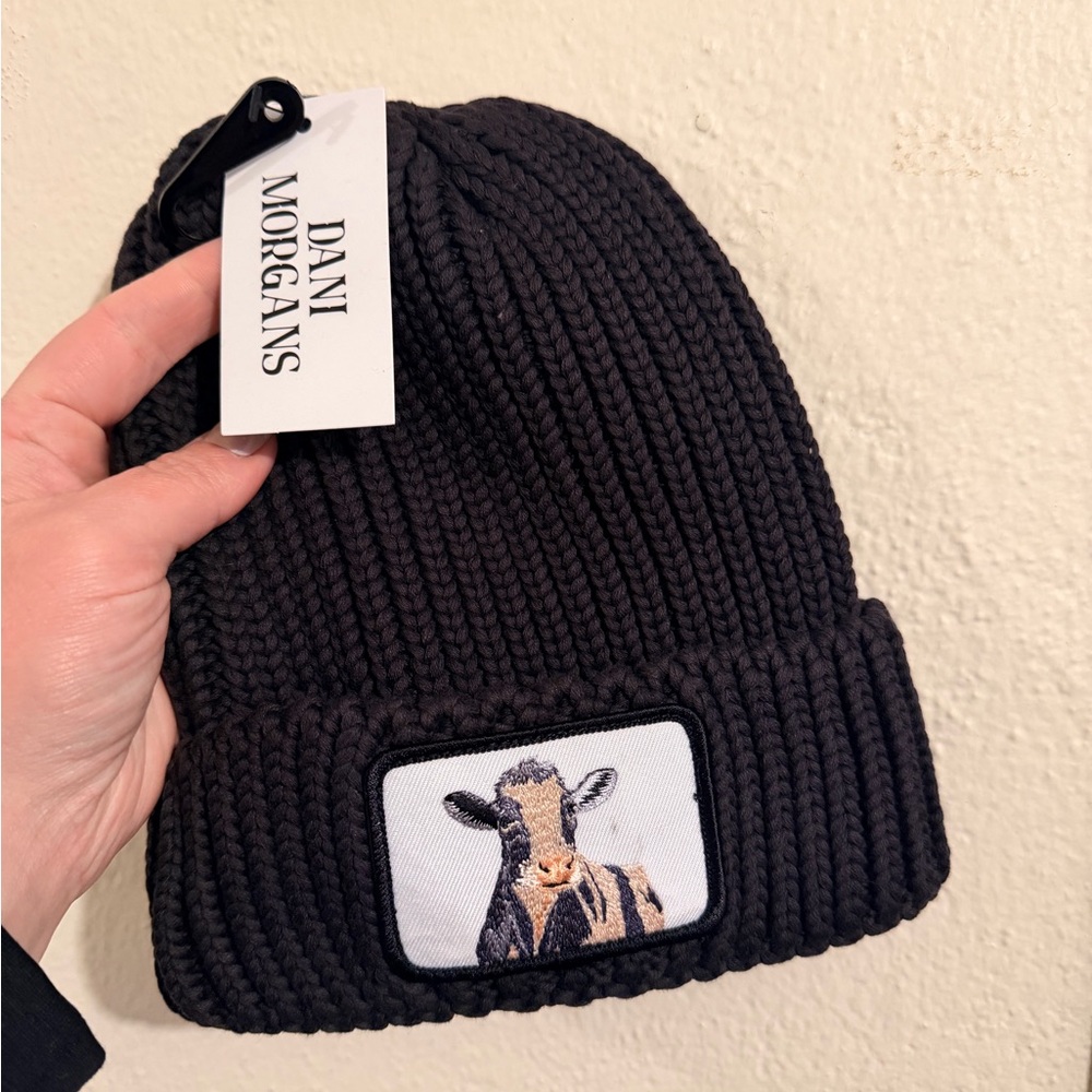 Black Knit Beanie with Cow Patch